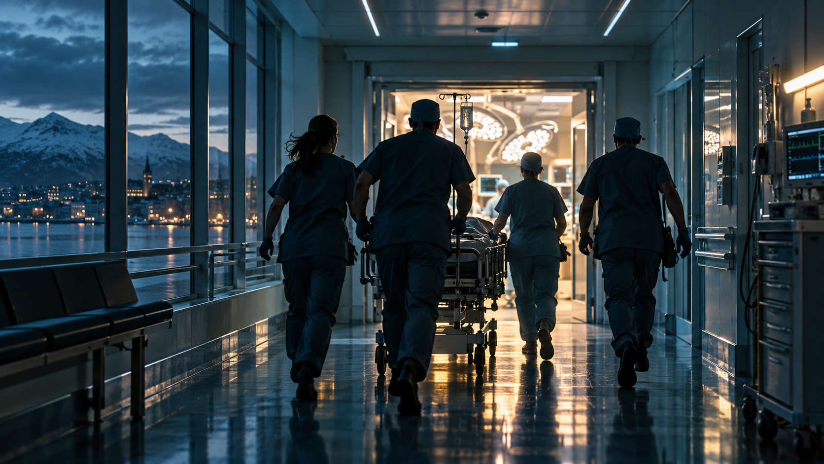 A medical team rushing through a Nordic hospital corridor at blue hour