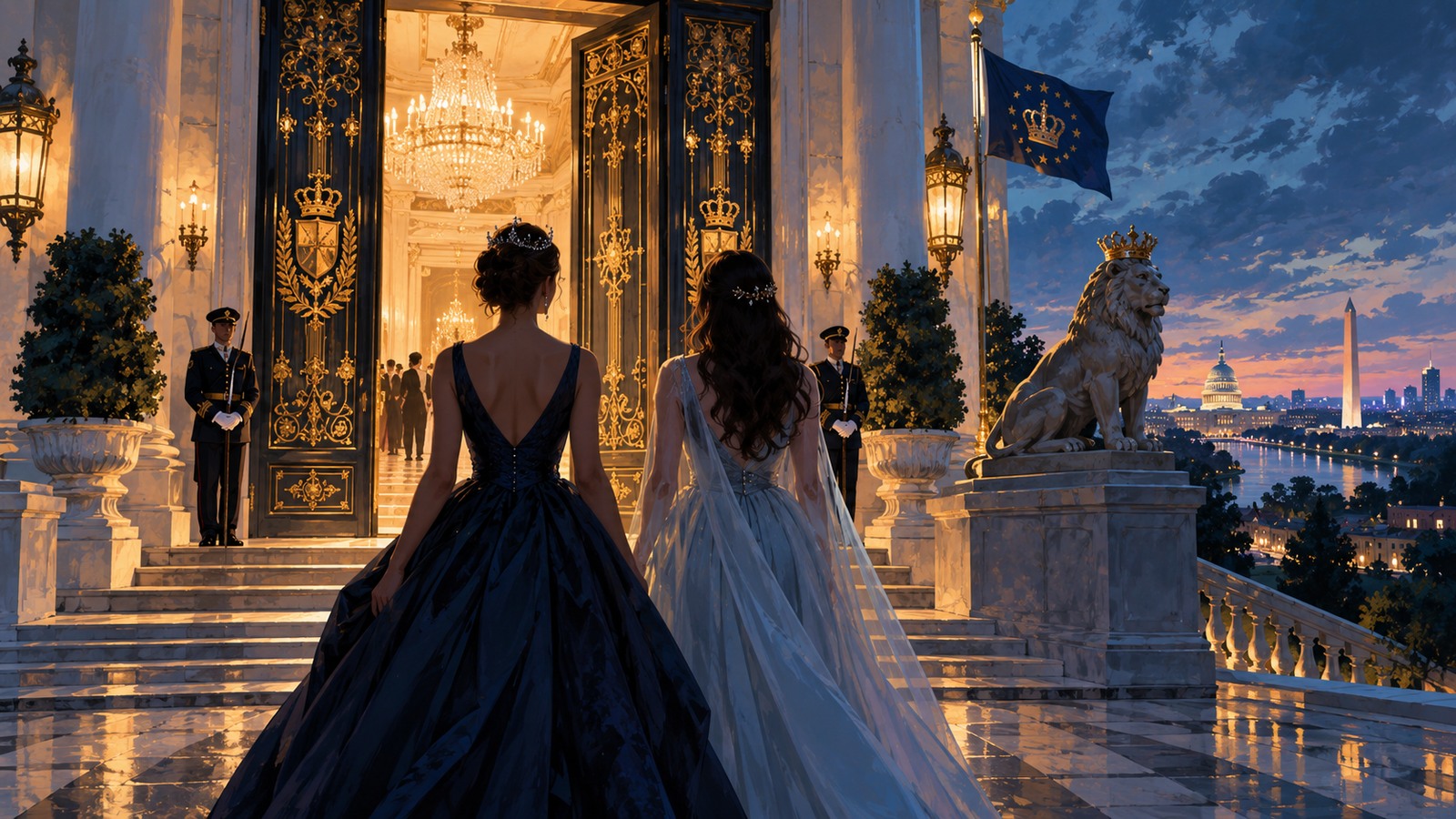 Original illustration of two fictional royal figures outside a palace in an alternate America