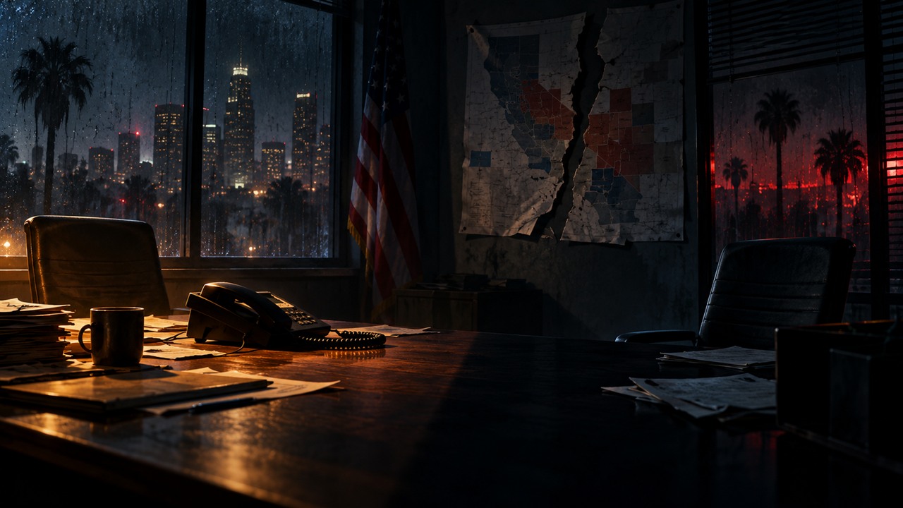 Editorial illustration of an empty political briefing room, ransom folder and city lights