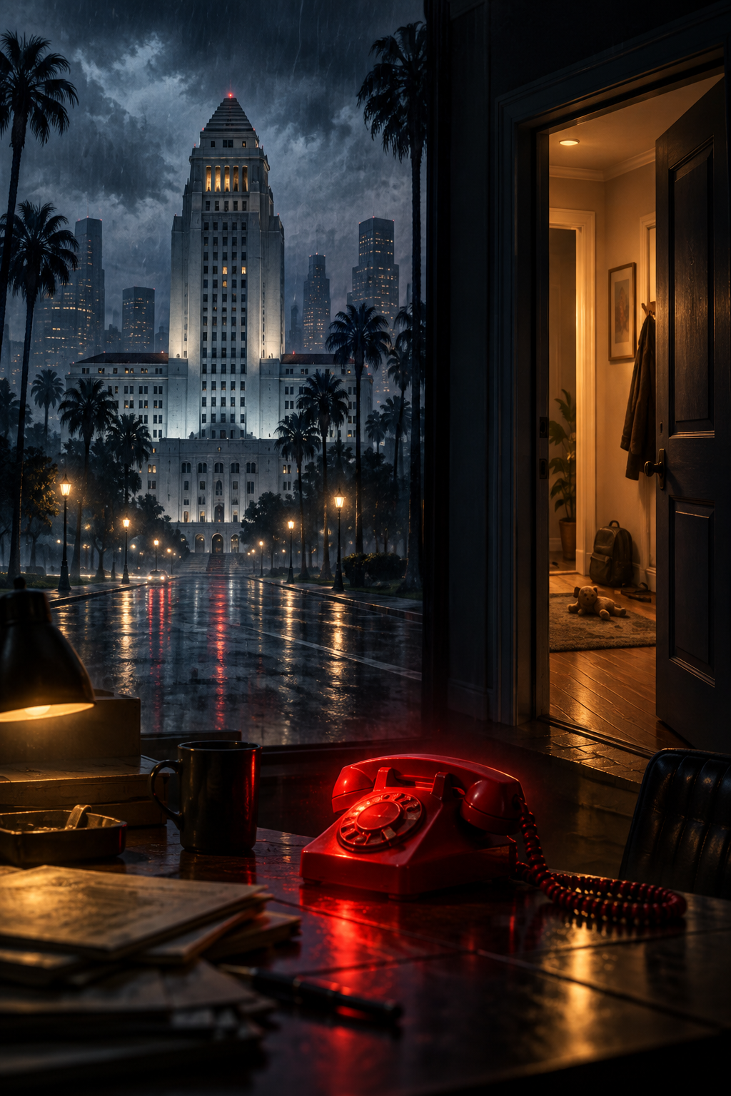 AI-created editorial illustration evoking Animals with a rain-soaked Los Angeles civic building, an empty family doorway and a glowing red telephone