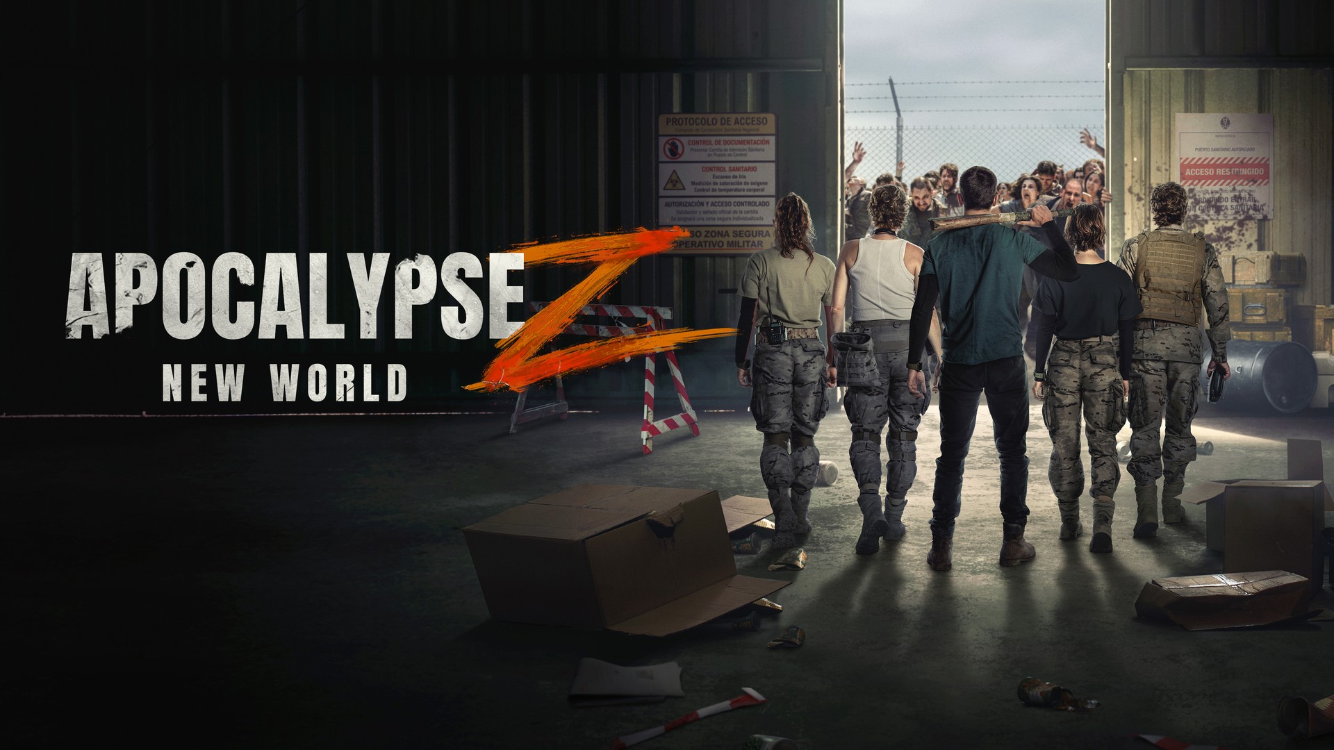 Official Apocalypse Z: New World key art showing five survivors facing a crowd of infected through open warehouse doors