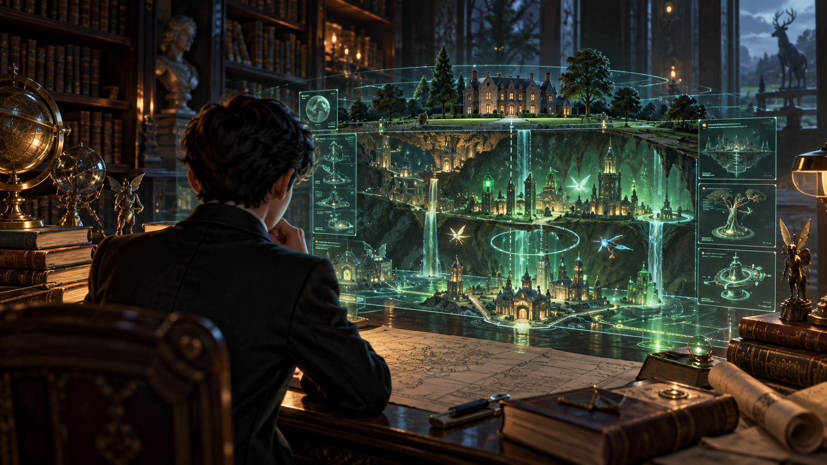A young strategist studying a holographic fairy city beneath a moonlit manor