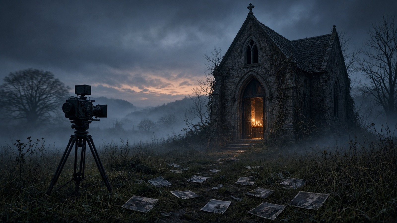 AI artwork of a film camera on a tripod facing a lit chapel on a misty moor at dusk, with old photographs scattered in the grass