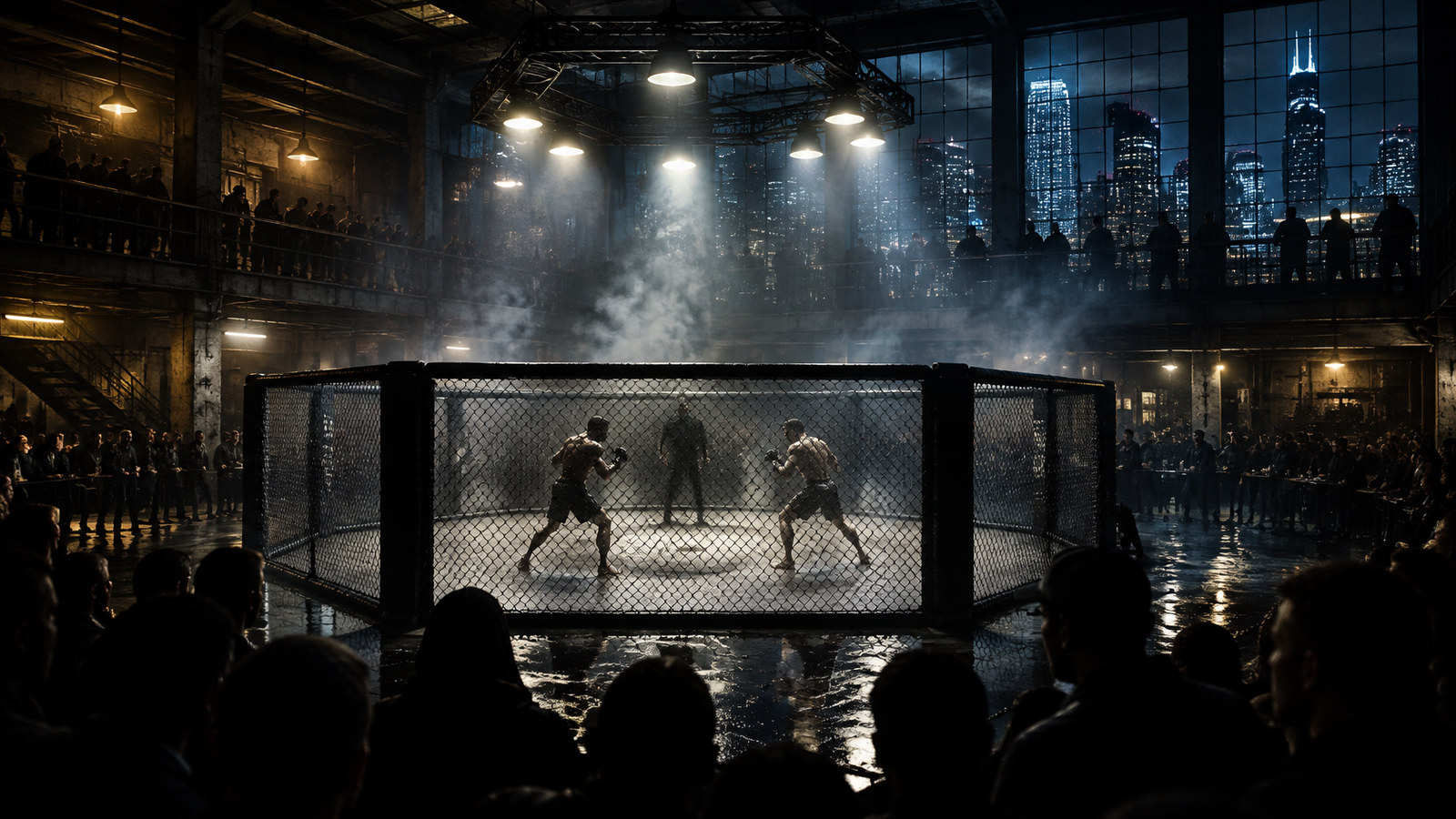 AI artwork: an MMA cage in a smoky underground fight venue at night, with a city skyline beyond the windows