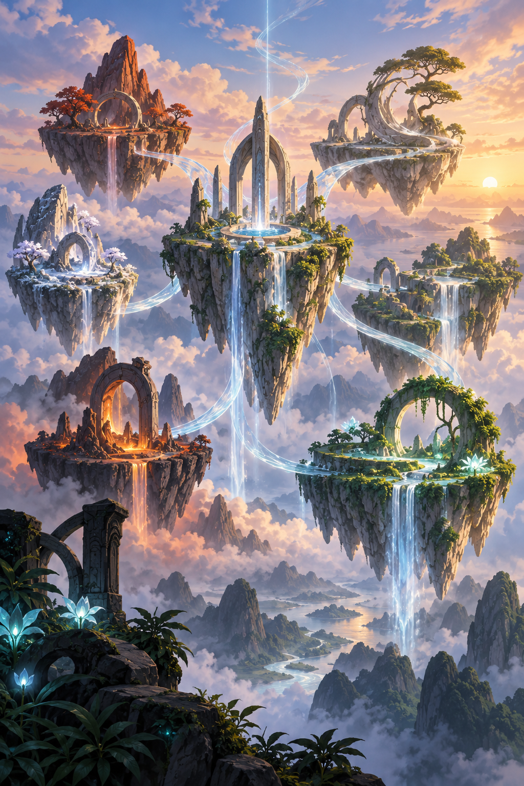 AI-created editorial illustration evoking Avatar: Seven Havens through seven floating elemental sanctuaries and luminous water ribbons