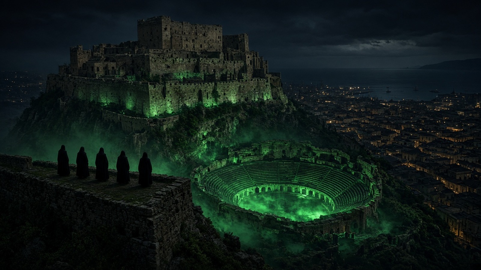AI artwork of a hilltop fortress and Roman theatre glowing green at night, watched by five hooded figures
