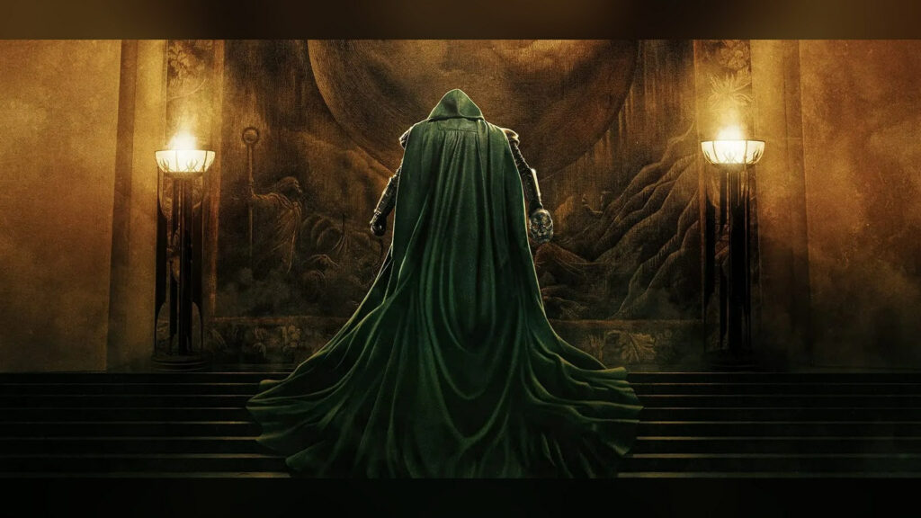 Official Avengers: Doomsday key art: Doctor Doom in a long green hooded cloak climbs stone steps towards a vast tapestry, flanked by two glowing torches