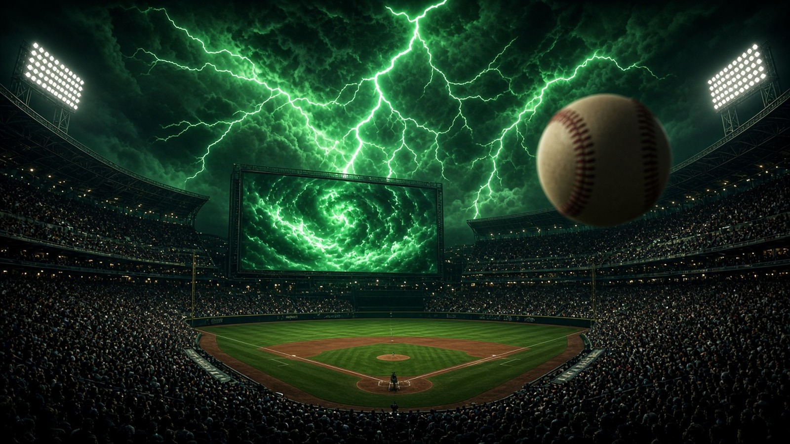 AI artwork of a packed baseball stadium at night under green lightning, with a baseball flying towards a giant screen