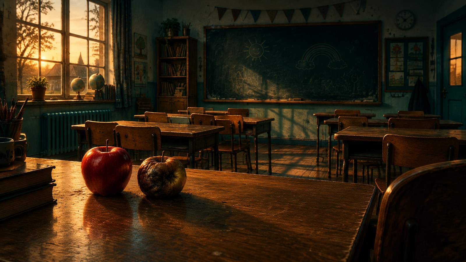 AI artwork: an empty primary school classroom in late afternoon light, with a shiny red apple and a bruised rotten apple side by side on the teacher's desk