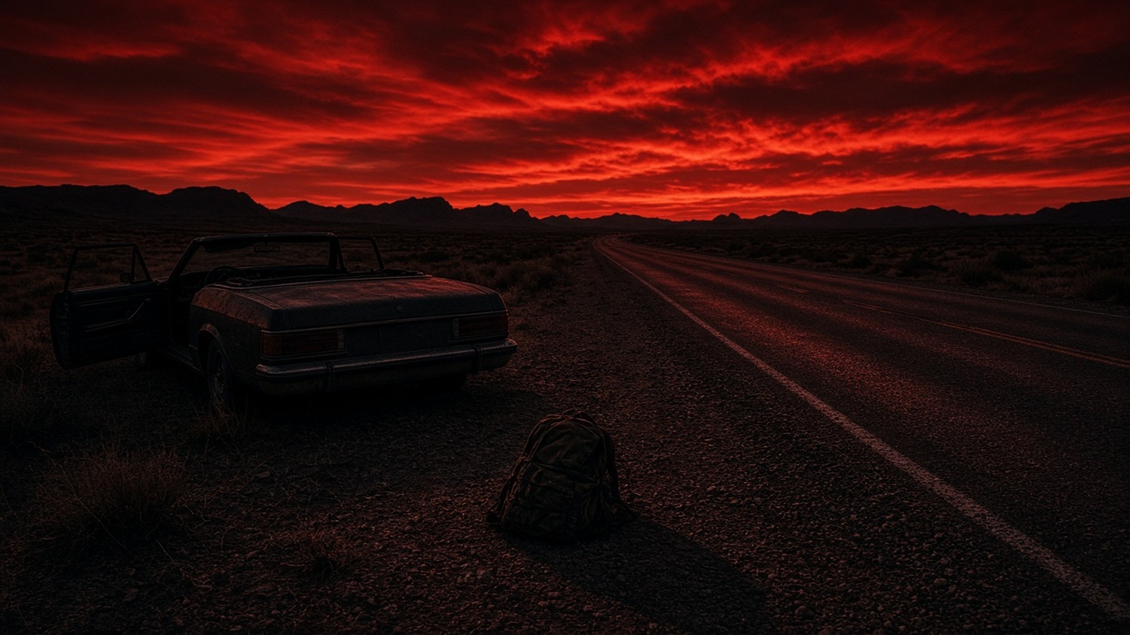 AI artwork of an abandoned car with its door open beside an empty desert highway under a blood-red sky