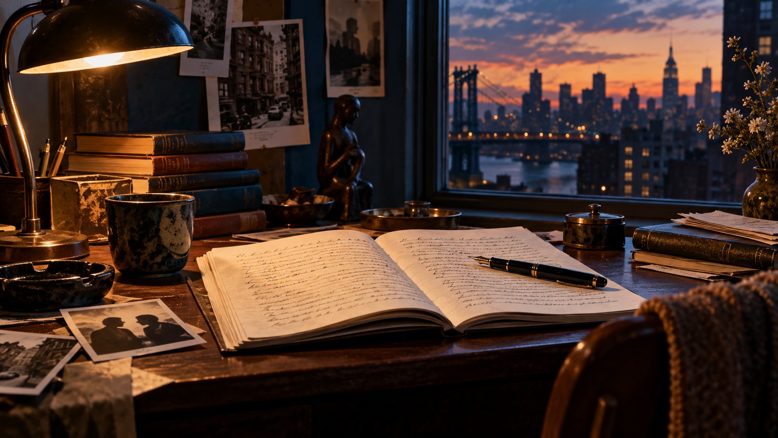 Original illustration of an open manuscript on a writer's desk overlooking New York at dusk