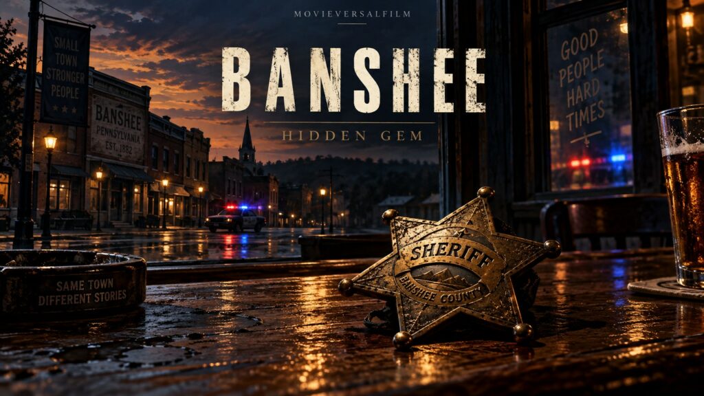 Original illustration of a sheriff’s badge overlooking a small-town street at dusk, with Banshee Hidden Gem lettering
