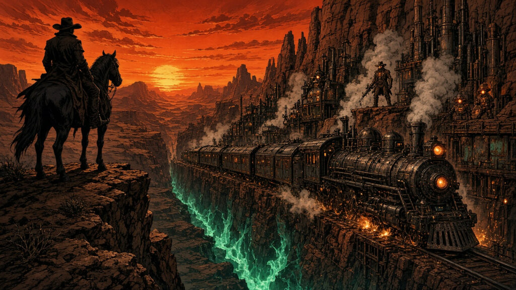 AI artwork of a lone lawman on horseback silhouetted against a blood-orange desert sunset beside a steam-belching iron war machine, with eerie green light rising from a canyon