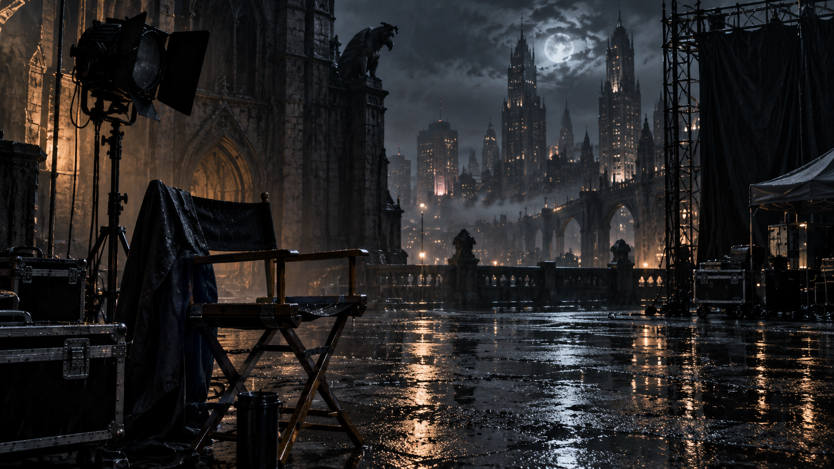 A rain-darkened gothic film set standing quiet beside an empty director chair