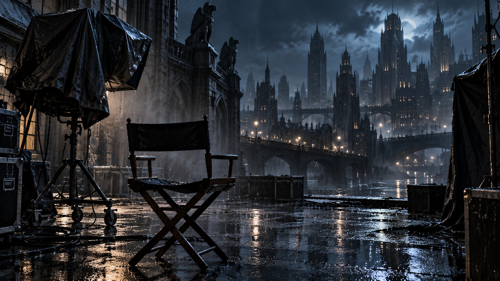 Illustrated empty film set in a rain-soaked gothic city