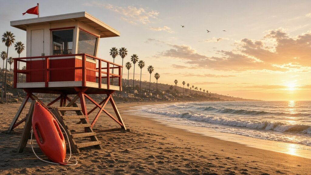 AI artwork of a red and white lifeguard tower on a Southern California beach at sunset, with a red rescue can, palm trees and rolling surf