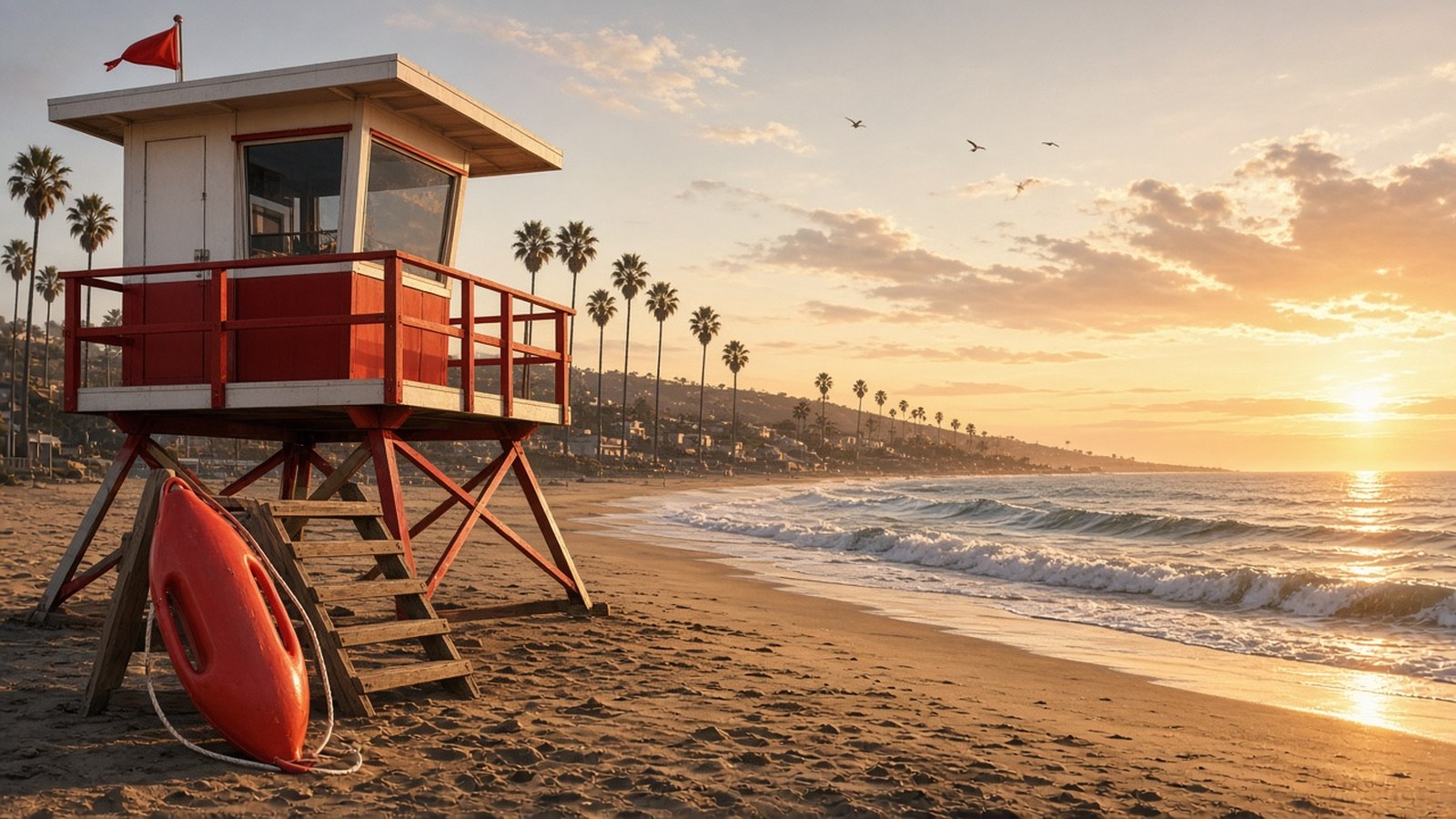 AI artwork of a red and white lifeguard tower on a Southern California beach at sunset, with a red rescue can, palm trees and rolling surf