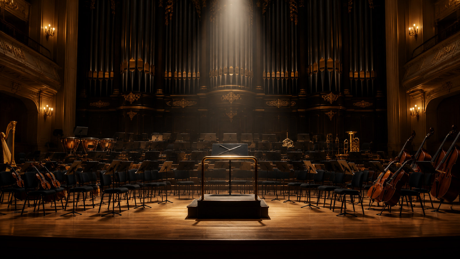 AI artwork: an empty concert hall with orchestra chairs, music stands and a conductor’s baton on a spotlit podium beneath tall organ pipes
