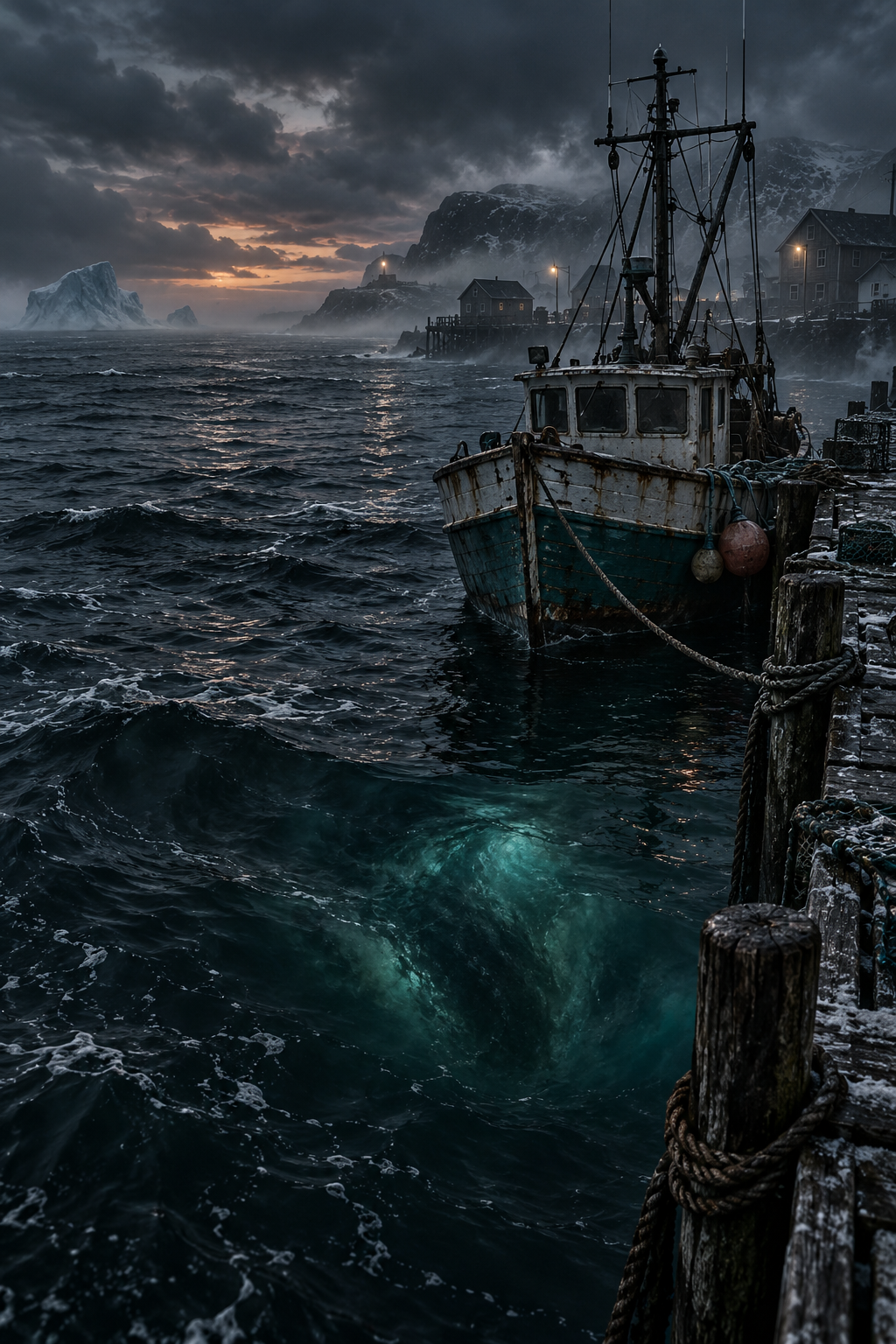 AI-created editorial illustration evoking Below with a storm-dark Newfoundland fishing harbour and an ominous glow beneath the water