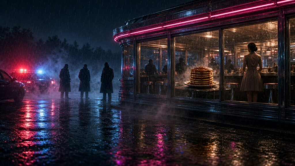 AI artwork of a neon-lit roadside American diner at night in the rain, police lights flashing on wet tarmac outside and a stack of pancakes on the counter inside as shadowy figures face off
