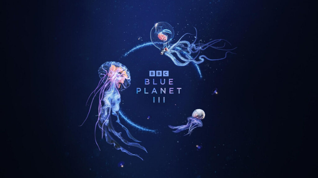 Official Blue Planet III key art from BBC Studios: glowing jellyfish and a small octopus circling the BBC Blue Planet III title against a deep blue ocean