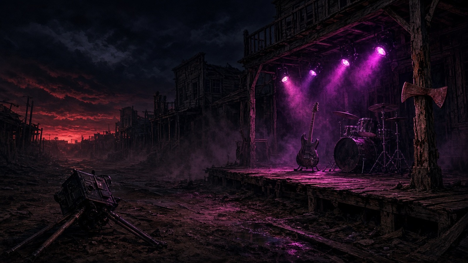 AI artwork of an abandoned Western town at night, with a guitar and drum kit on a wooden stage lit purple and an axe in a post
