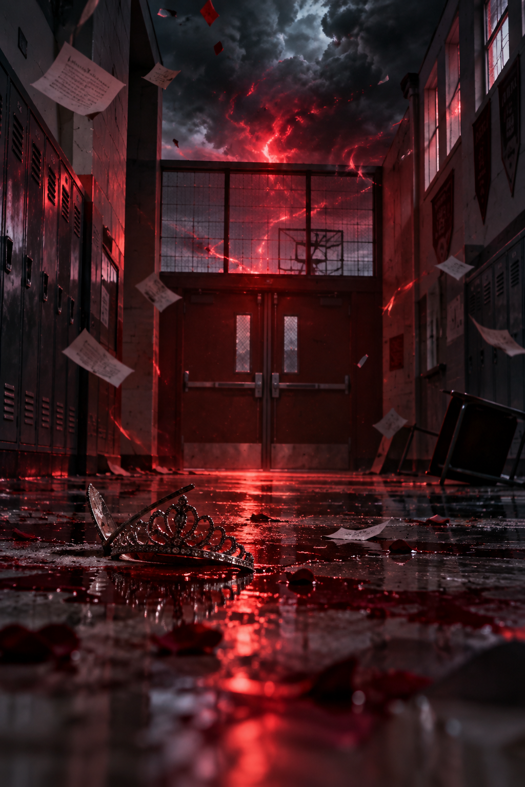 AI-created editorial illustration evoking Carrie with a storm-lit high-school corridor, scattered papers and an overturned crown