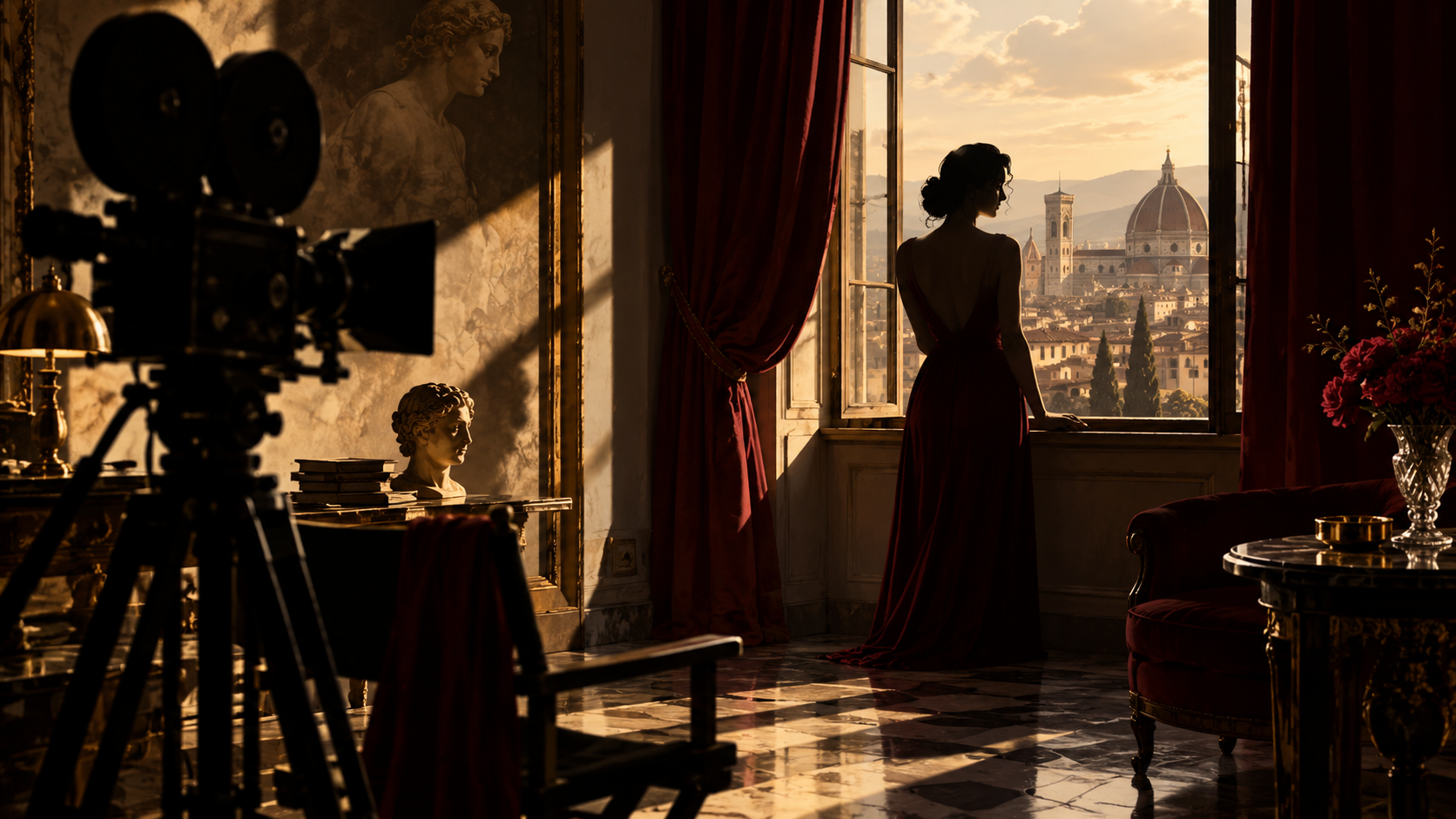 A film camera and anonymous performer in a richly shadowed Italian interior