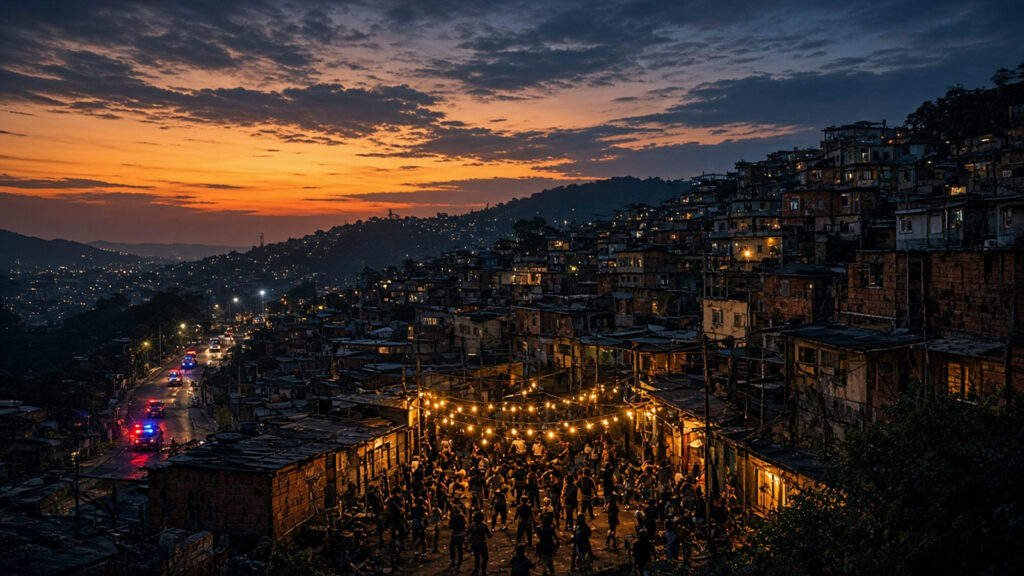 AI artwork of a hillside Rio de Janeiro community at dusk, colourful houses stacked up the slope, with silhouetted dancers at a street party and distant flashing police lights