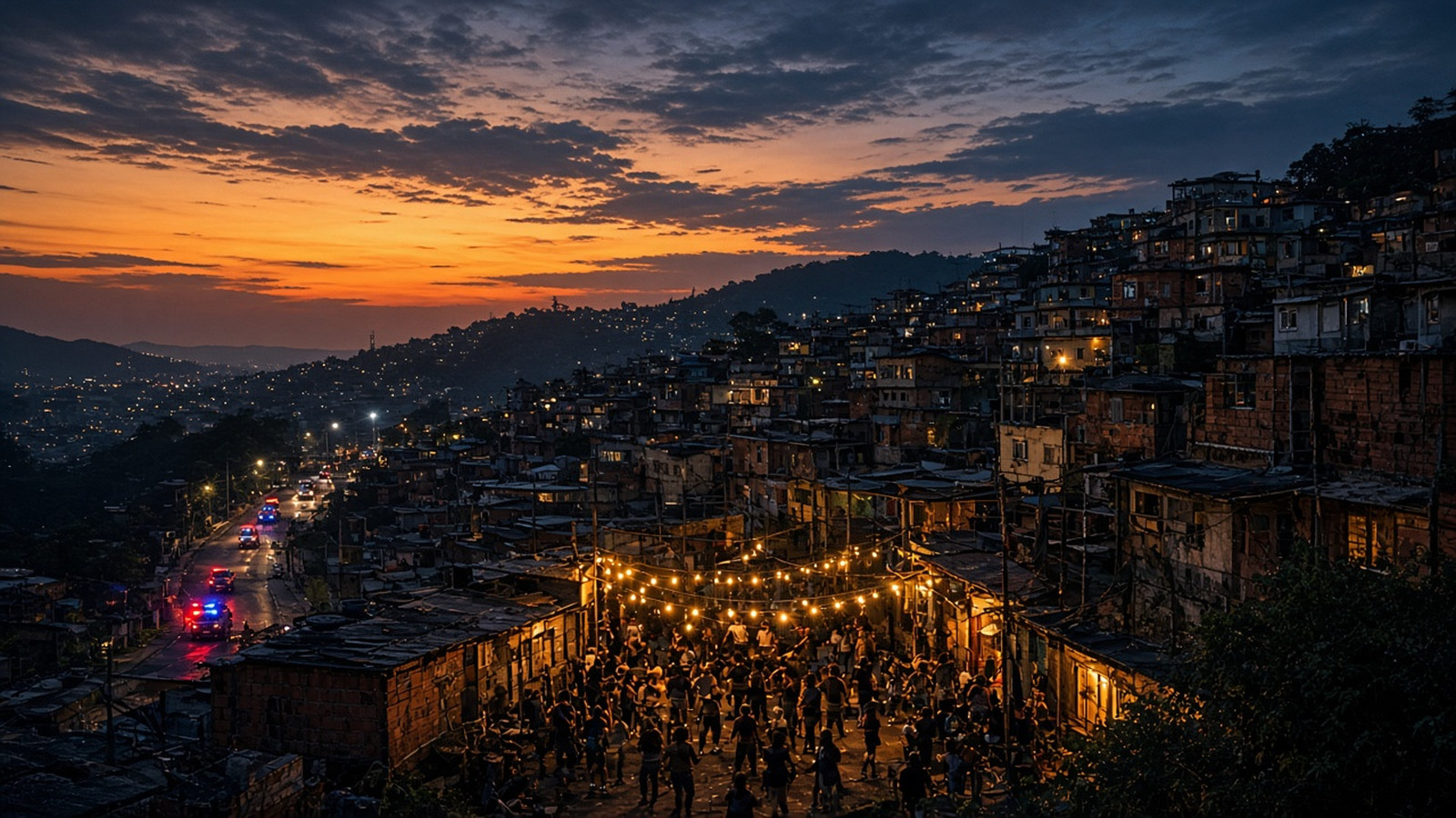 AI artwork of a hillside Rio de Janeiro community at dusk, colourful houses stacked up the slope, with silhouetted dancers at a street party and distant flashing police lights