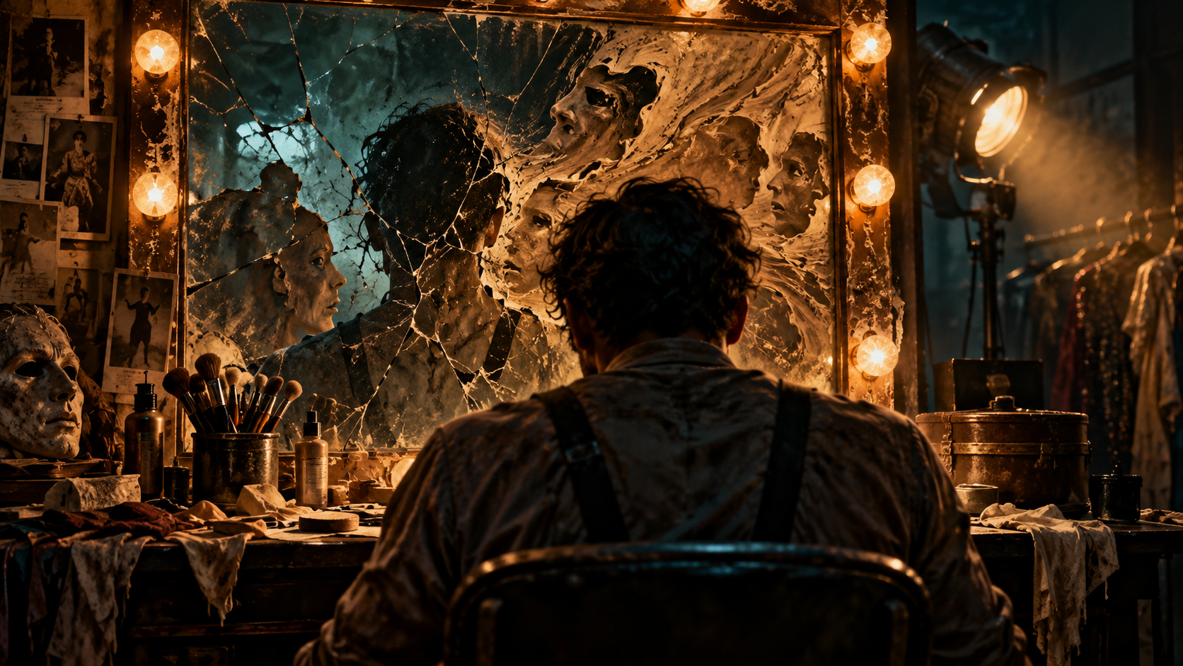 Original editorial illustration of an anonymous performer facing a fractured dressing-room mirror with abstract clay-like reflections.