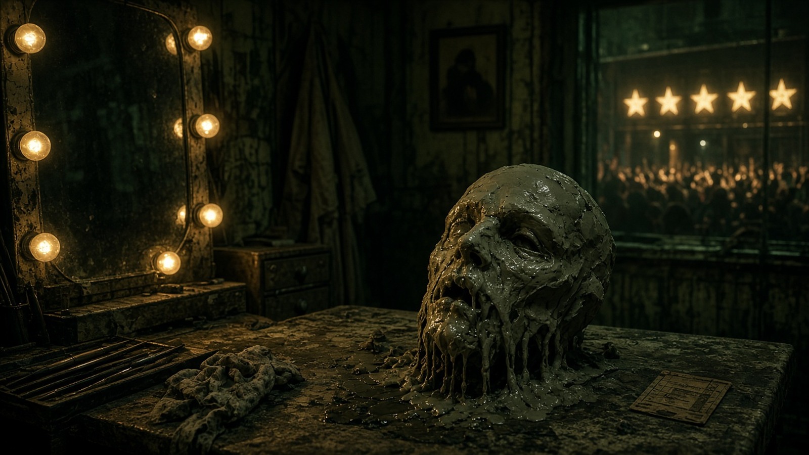 AI artwork of a cracked clay head on a dressing-room table lit by mirror bulbs, with gold stars glowing in the window