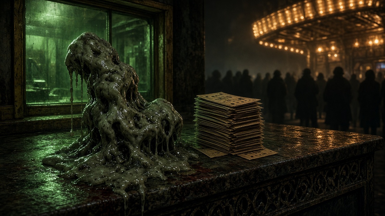 AI artwork of a dripping clay figure beside stacks of cash in front of a cinema crowd under glowing lights