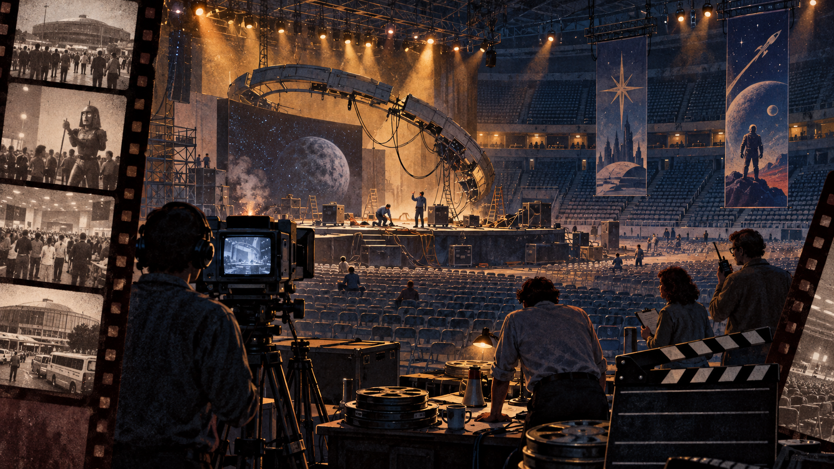 Original editorial illustration of an over-ambitious 1980s science-fiction convention in a mostly empty arena being filmed for a documentary