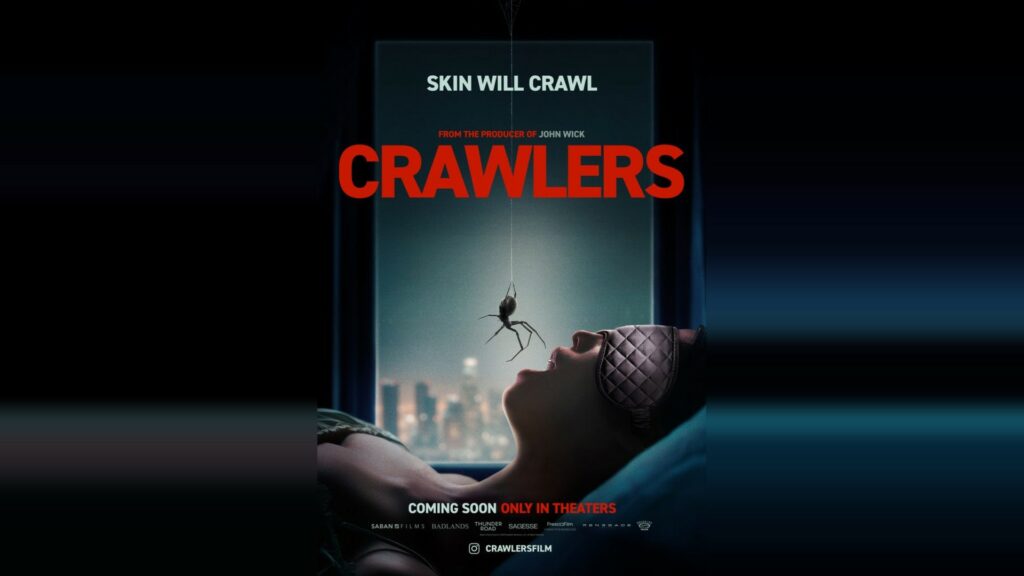Official Crawlers poster showing a spider descending towards a sleeping woman, presented in a landscape frame