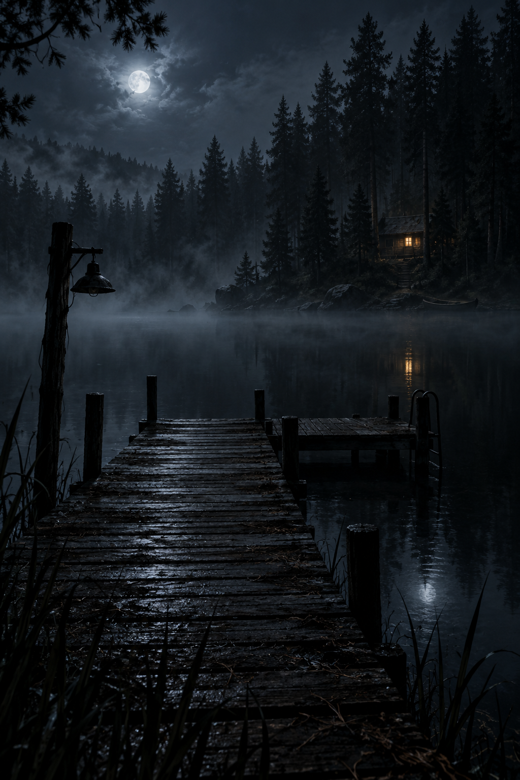 AI-created editorial illustration evoking Crystal Lake through an abandoned summer-camp dock and moonlit water