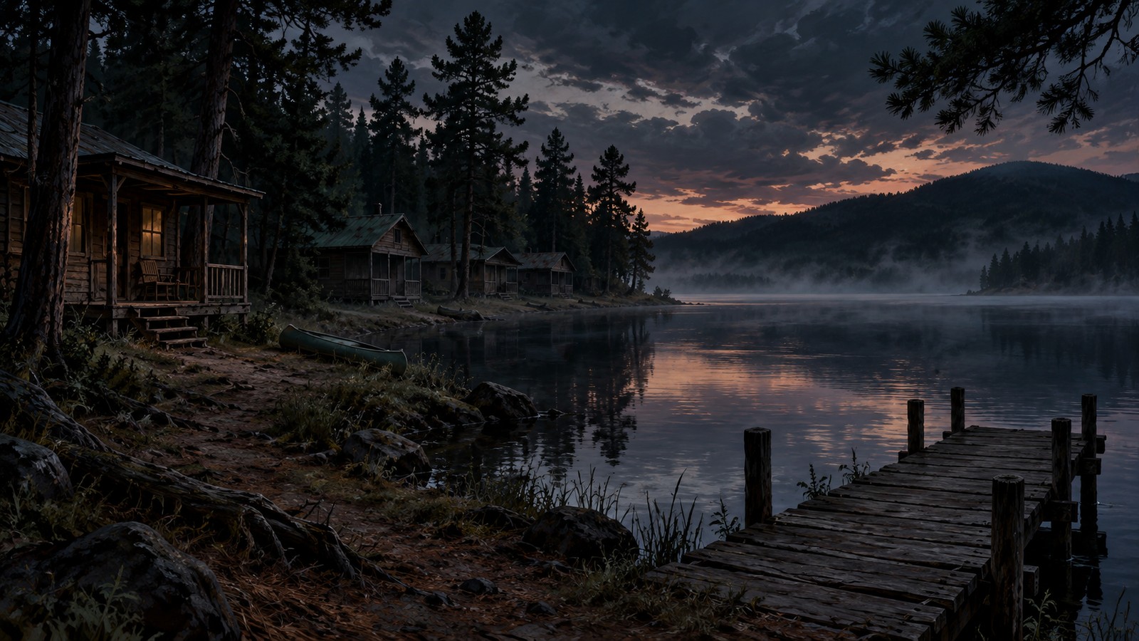 Original editorial illustration of empty lakeside cabins and a timber pier at twilight
