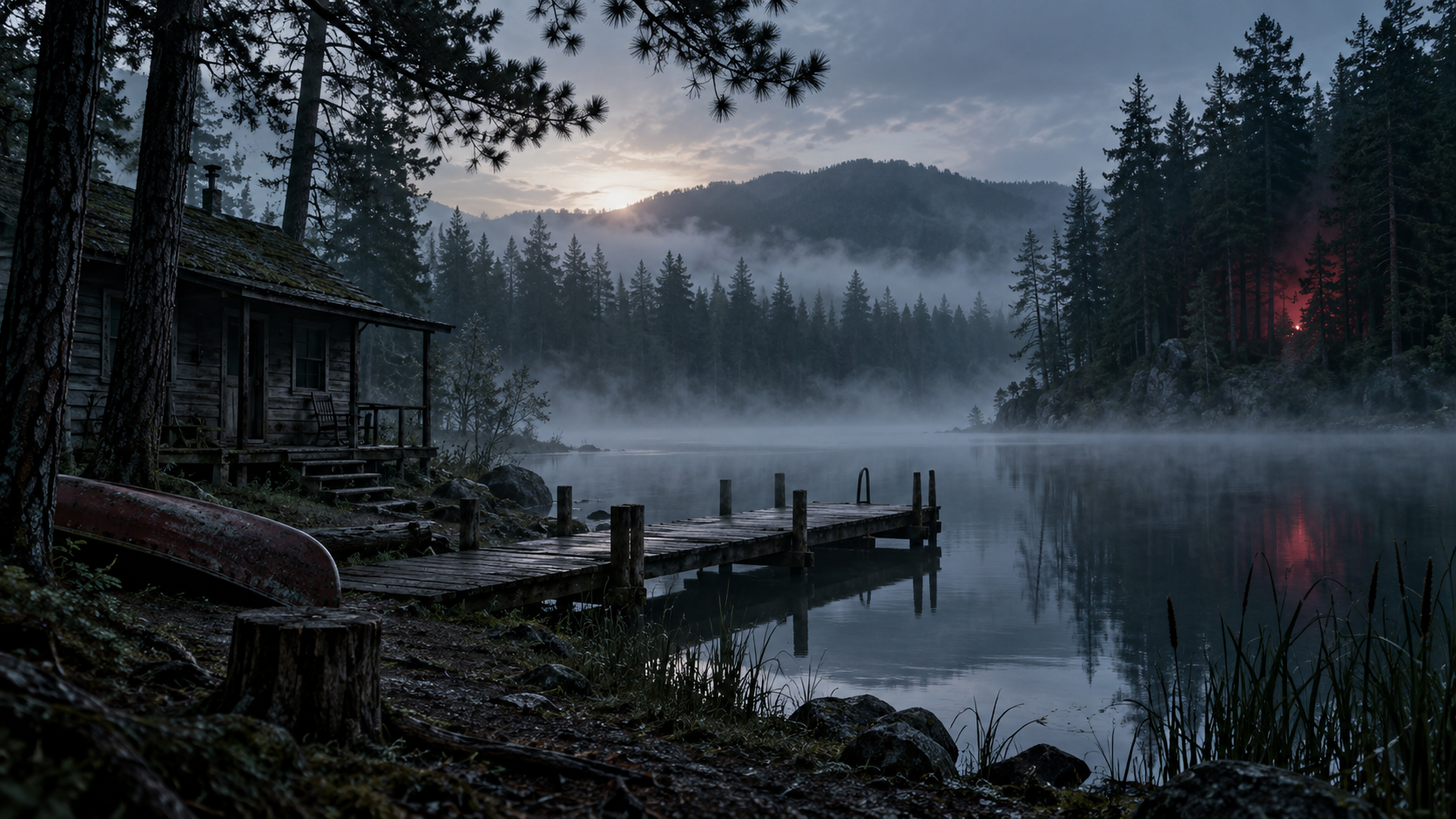 A deserted lakeside camp cabin and dock under cold morning mist