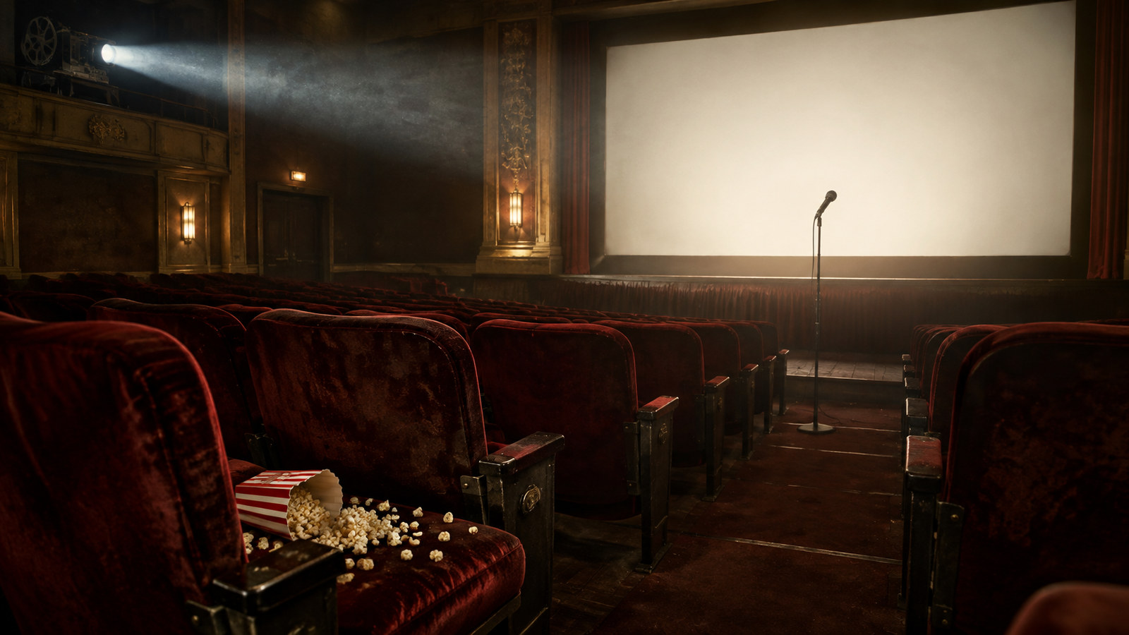 AI artwork: an empty vintage cinema with red seats, a spilled box of popcorn and a lone microphone facing a glowing screen