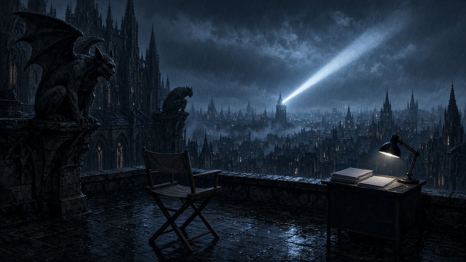 AI artwork of an empty director's chair on a rainy gothic rooftop under a searchlight beam, a gargoyle watching over the city