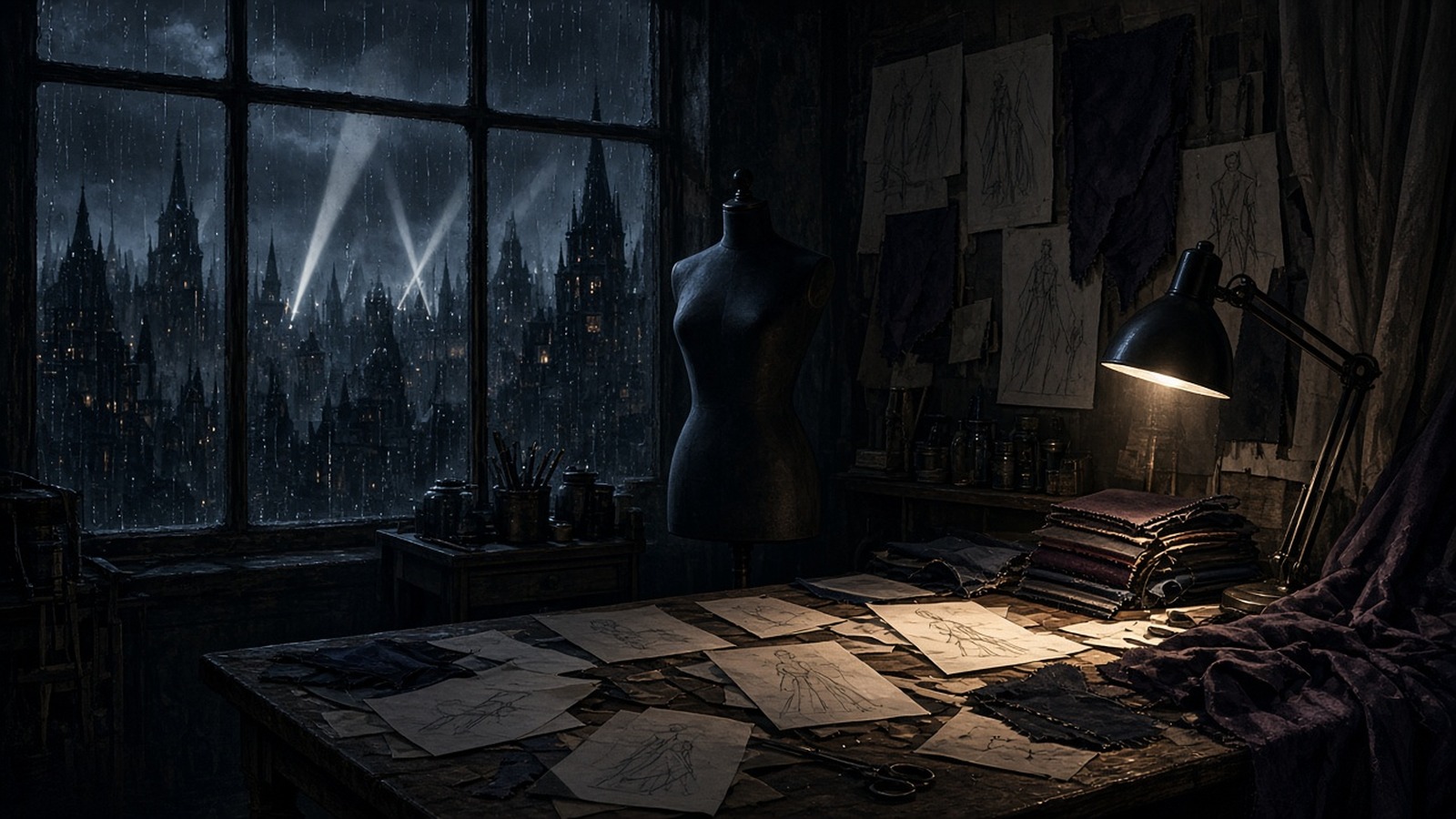 AI artwork of a dark costume workshop with a bare dressmaker's dummy, sketches scattered on a table and searchlights over a gothic city in the rain outside