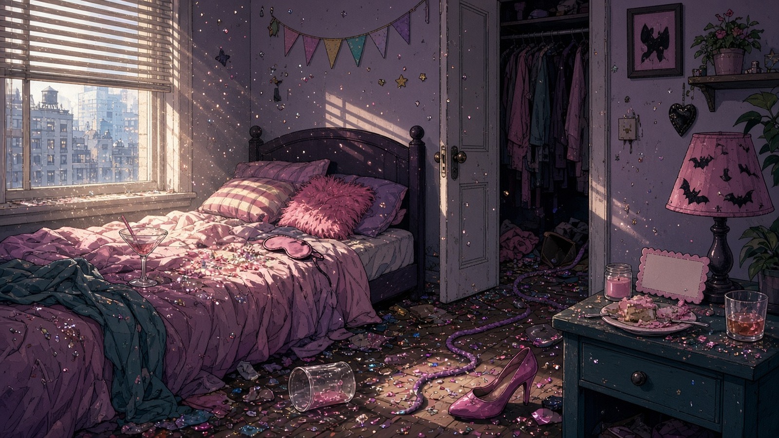 AI artwork of a messy pink bedroom the morning after a party, with a wardrobe door left ajar