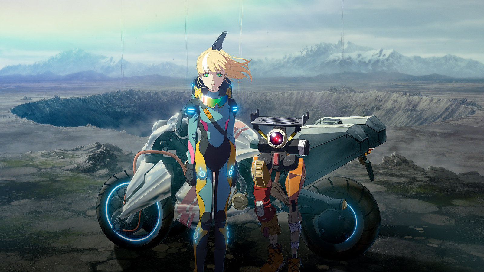 Death Stranding Isolations official artwork: a young woman in a blue and yellow suit stands beside a robot companion and a motorbike at the edge of a vast crater