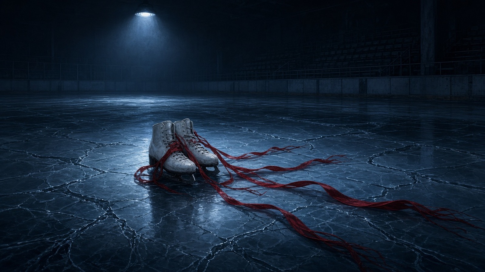AI artwork of a pair of white figure skates on cracked ice under a single spotlight, trailed by red ribbons