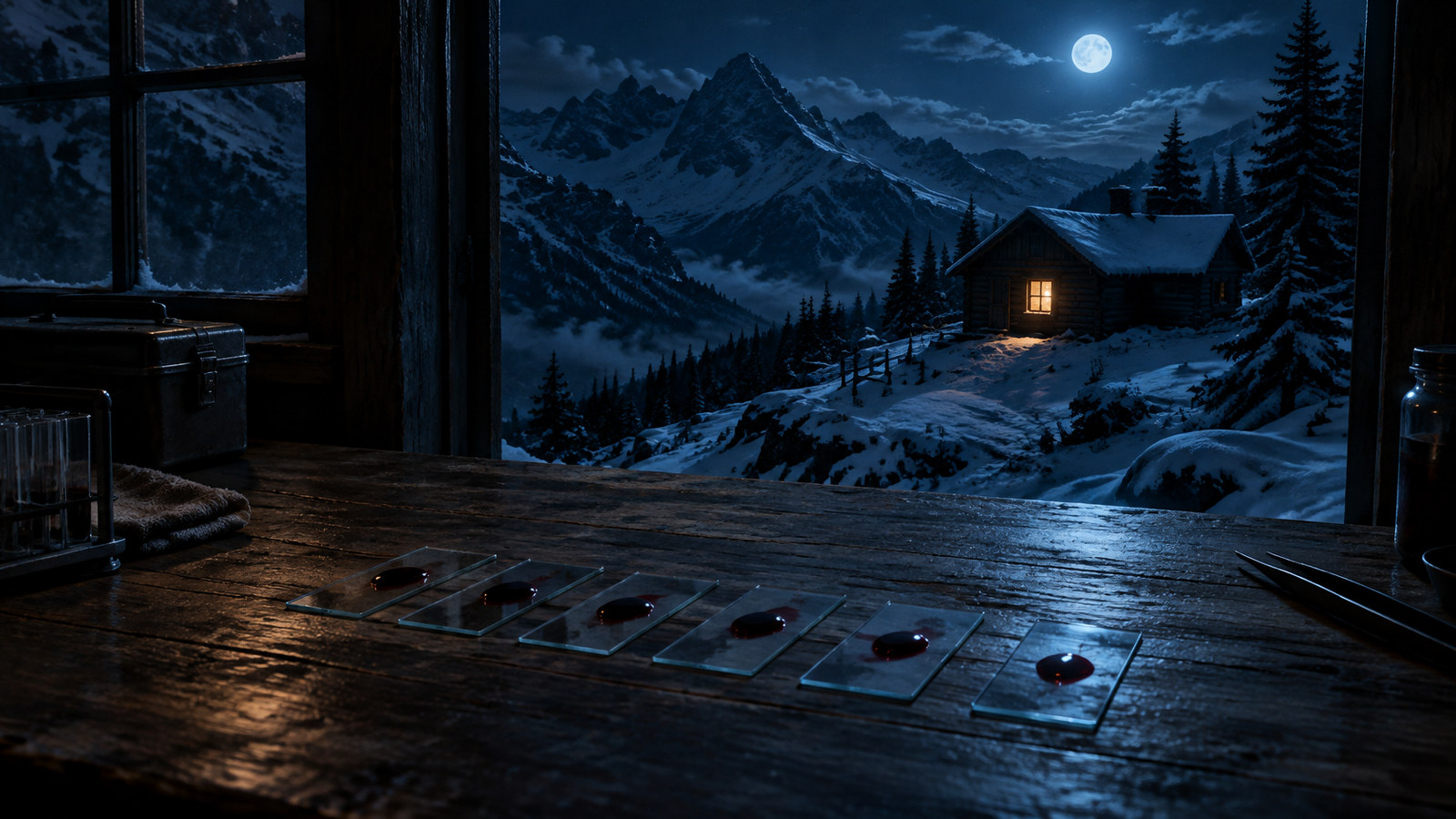 AI artwork: a snowy mountain cabin under moonlight, seen from a dark room where blood-drop glass slides sit in a row on a table
