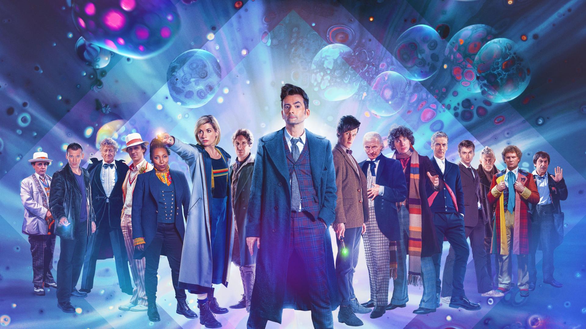 Official Doctor Who 60th anniversary art showing the Doctors lined up, with David Tennant at the centre