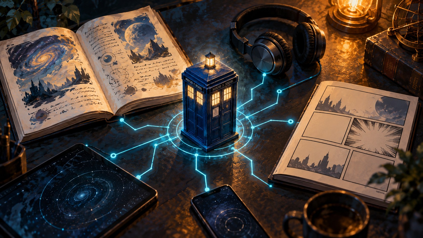 Conceptual illustration of a blue police box connecting books, comics and headphones with glowing circuits