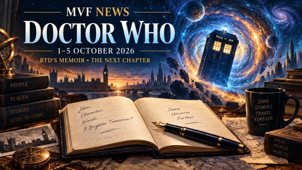 Original Doctor Who editorial illustration of a writer’s notebook and blue police box in a cosmic vortex, labelled MVF News, 1–5 October 2026