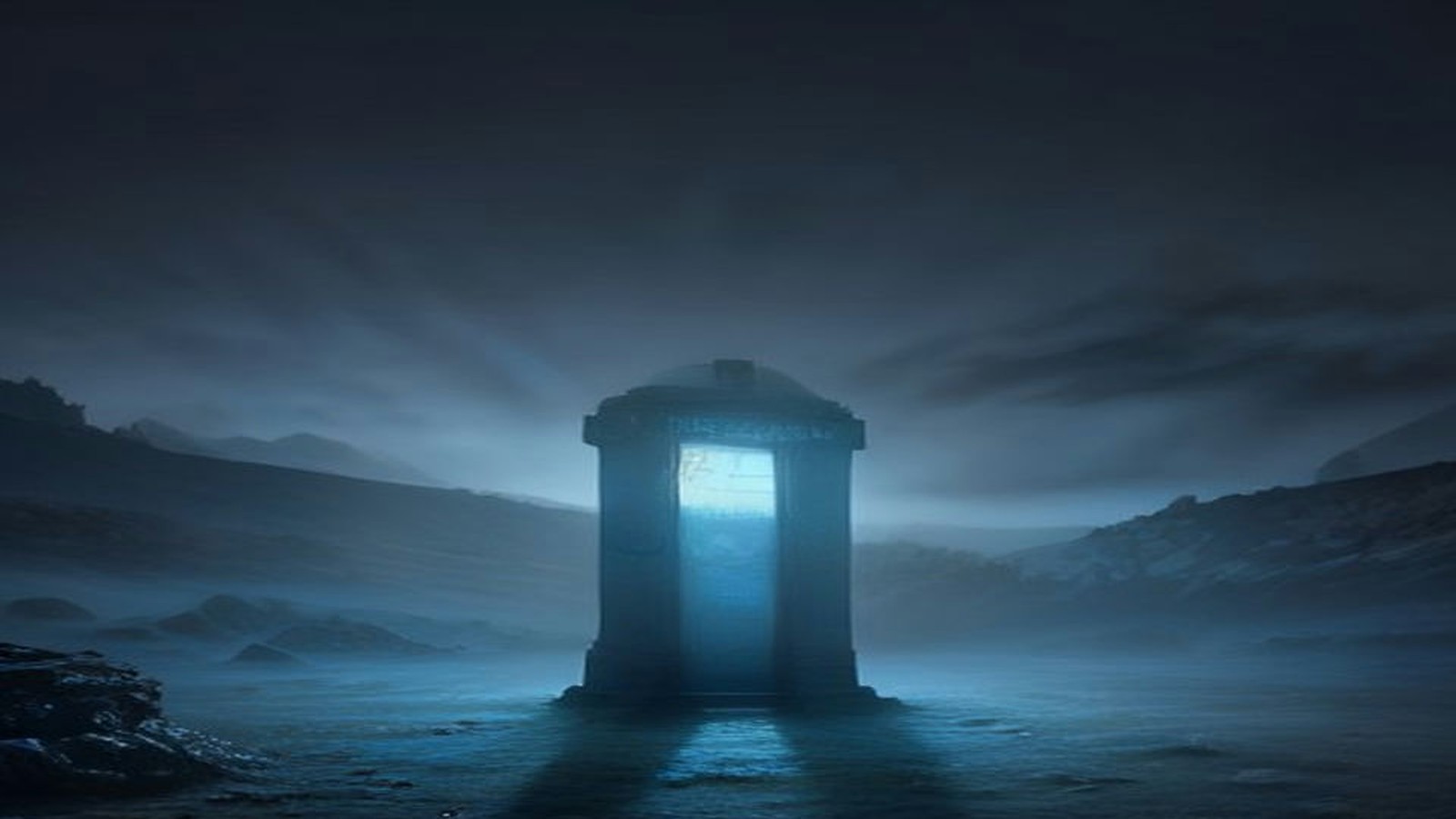 AI artwork of a glowing blue police box doorway standing on a misty moor under a dark, stormy sky