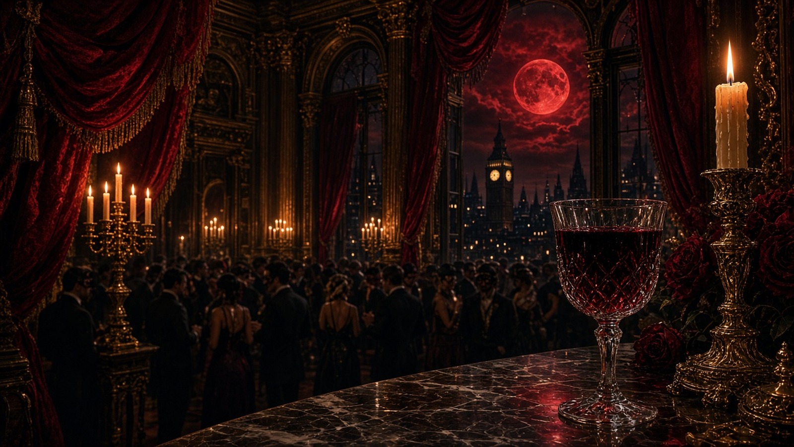 AI artwork of a candlelit gothic ballroom draped in crimson with a red moon in the window